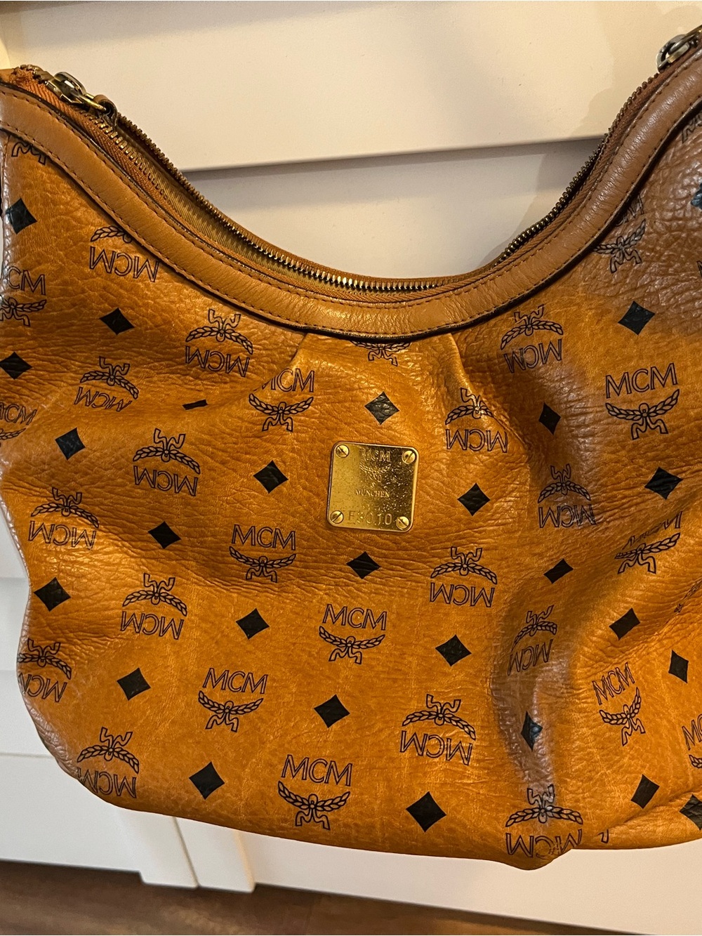 MCM Cognac Visetos Logo Print Hobo